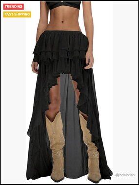 Layered Ruffle Chiffon Maxi Skirt Asymmetrical Hem Boho Cowgirl